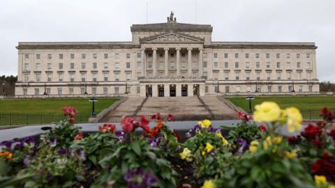 Stormont Building pictured from far away, at the front out of focus are a bed of flowers. The building is light stone with large steps up to the front where the building face has columns and lamp posts at the doors. The sky is grey and cloudy above the building. 