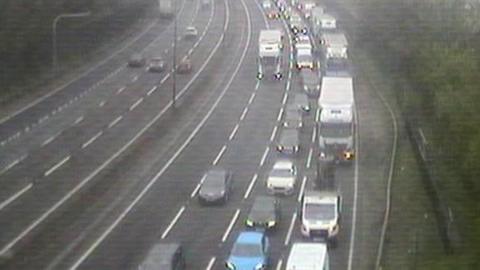 Queuing traffic on a motorway.