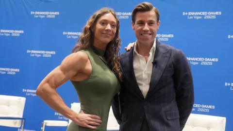 Dr. Nicole Rakowski (left) and Enhanced Games co-founder Max Martin pose during Enhanced Games press conference at Resorts World Las Vegas. 