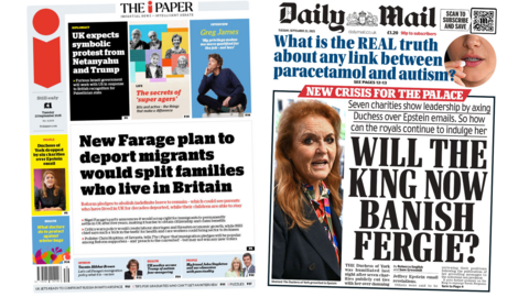 A composite image of The i Paper and the Daily Mail. The headline of the former reads "new Farage plan to deport migrants would split families who live in Britain" and the headline of the latter reads "will the King banish Fergie?"