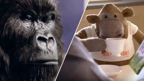 Split image of a man in a gorilla suit, and a monkey puppet drinking tea