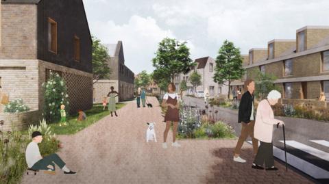 An artist's impression of a residential street scene in a newly-designed estate. It features modern brick homes, landscaped greenery and several people walking, sitting, and interacting along a pathway, with trees and planting throughout.