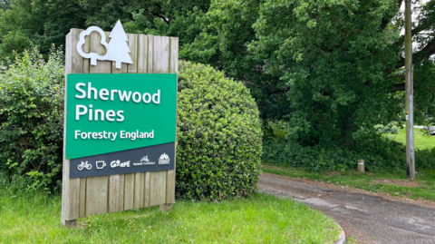 A tall wooden sign on the left saying "Sherwood Pines Forestry England", with a hedge behind it and trees to the left.