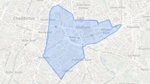 A map with a blue highlighted section over Oldham Town Centre