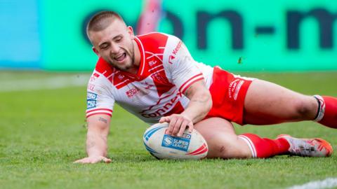 Mikey Lewis touches down for one of his two tries for Hull KR against Leigh Leopards