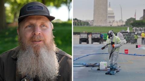 Left, a man with a beard and a baseball hat. Right, a decorator repaints the reflecting pool bottom.