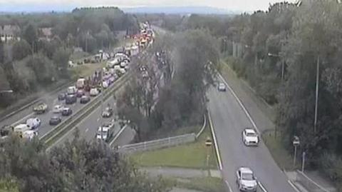 Aerial CCTV shot of congestion near junction on the M6
