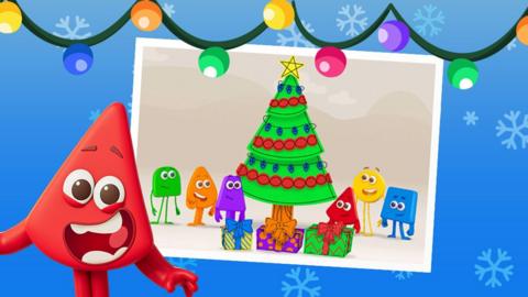Red Colourblock standing in front of gameplay from the CBeebies Grotto game, where the Colourblocks decorate a Christmas tree.