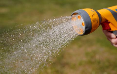 A hand holding a garden hose with water dripping from it. 