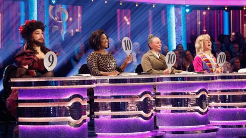 Craig Revel Horwood, Motsi Mabuse, Shirley Ballas, Anton Du Beke, during the live show of Saturday's Strictly Come Dancing