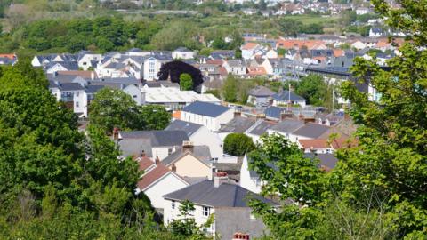 A shot of homes taken from a hill with trees in the foreground on both sides of the picture.