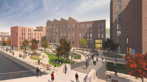 Artist's impression of the riverside development, which shows people walking around a plaza with trees and shrubs. There are multi-storey red-bricked buildings in the background.