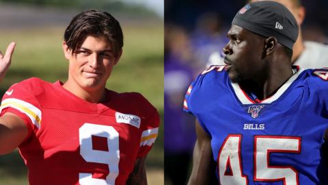 Louis Rees-Zammit and Christian Wade in American football action