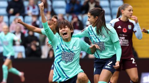 London City's Saki Kumagai celebrates scoring her first WSL goal in their win over Aston Villa