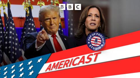 A montage of Donald Trump, on the left, pointed towards the camera with US flags behind him, and on the right, Kamala Harris wearing a dark suit, making a speech. The Americast logo and the words 'pop up podcast studio' are below them 