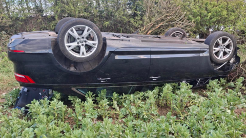 A black car upside down in a field. There are trees and bushes behind the vehicle