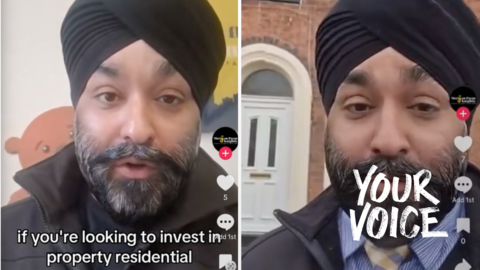 The photo shows Tony Singh looking at the camera as part of a promo video. He's an asian man wearing a Turban. He is dressed in a blue shirt, navy waistcoat and maroon tie. 