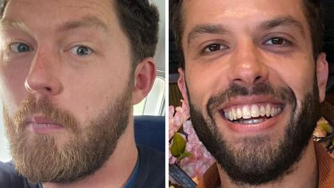 A composite photo featuring two men side by side.  On the right, Samuel Harris is seen with light brown hair and a fuller beard against the backdrop of an aeroplane interior. On the left, Aziz Ziriat with short dark hair and a beard.