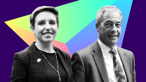 A graphic showing head and shoulders photos of the Green Party's Carla Denyer and Reform UK's Nigel Farage against a background of the 鶹ҳ's election branding