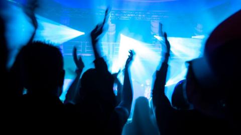 Silhouettes of people at an electronic music festival 