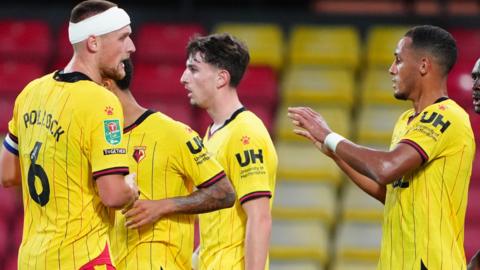 Watford v Milton Keynes Dons, EFL Carabao Cup, First Round, Football, Vicarage Road, Watford, UK, 13 Aug 2024 Tom Ince of Watford celebrates scoring the second goal with Mattie Pollock  13 Aug 2024