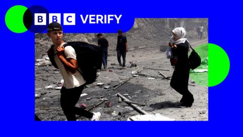 A photo of Palestinians in Gaza City with an outline of the BBC Verify colours and logo.