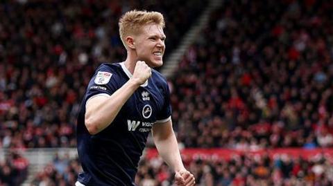 Millwall's Josh Coburn celebrates his equaliser at Middlesbrough