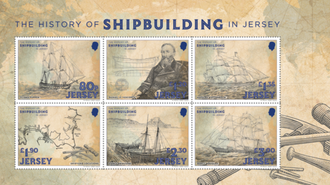 A picture of six stamps designed. Each stamp has drawn like designs with a number of them featuring boats. In the background it is a beige colour with tools.
