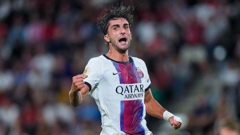 Ferran Torres is celebrating scoring for PSG
