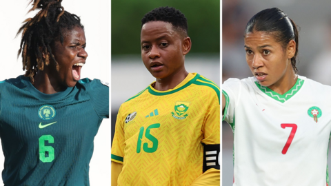 A triptych shows Esther Okoronkwo, Refiloe Jane and Ghizlane Chebbak, all from the waist up while in action for their respective countries. From left to right: Okoronkwo looks to her left and shouts while wearing a dark green Nigeria shirt with a light green number six on the chest, Jane is seen in a yellow South Africa shirt with green trim and green number 15 on the chest, and Chebbak looks slightly to her right with a serious expression as she points with her right arm while wearing a white Morocco shirt with green trim and a red number seven on the chest