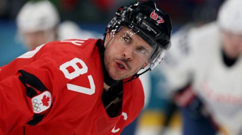 Sidney Crosby #87 of Canada during the Men's Preliminary Group A match between Canada and France at the 2026 Winter Olympics