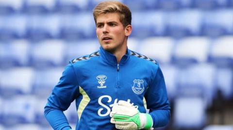 Jack Barrett of Everton warms up prior to the pre-season friendly match between Tranmere Rovers and Everton XI at Prenton Park on July 22, 2023 in Tranmere, England. (