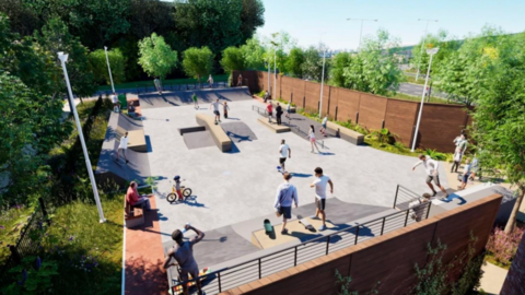 A digital version of an outdoor skate park viewed from above, with several people skateboarding and walking around. The park includes ramps, rails, benches, and open skating areas, surrounded by trees, fencing, and tall light poles.