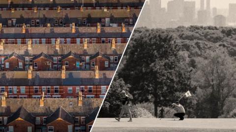 Houses and people playing golf