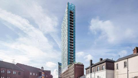 Computer-generated image of the proposed Birmingham tower for Gas Street Basin named The Narrowhouse. The tower is seen from its narrow side rising above older houses in the city.