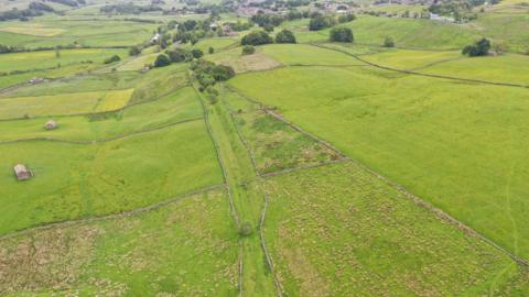 Green sloping fields in the Yorkshire Dales divided into fields by a criss-cross of stone walls.