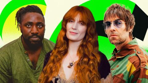 A composite image of Kele from Bloc Party, Florence Welch and Liam Gallagher