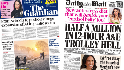 The headline in the Guardian reads: From schools to potholes: huge expansion of AI in public sector and the headline in the Daily Mail reads: Half a million in 12-hour A&E trolley hell