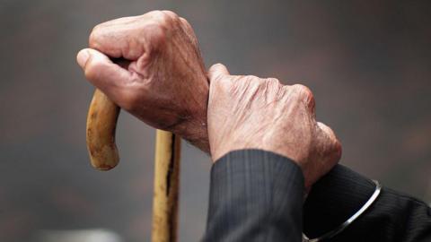 An older person's hands are holding onto a light brown wooden walking stick