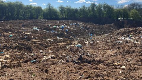 A vast swathe of soil and rubbish leading to a line of trees
