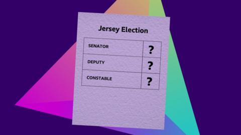An image of a piece of paper which says 'Jersey Election' at the top. Beneath it are the words 'Senator?', 'Deputy?' and 'Constable?'. Behind the paper is a purple background with a multi-coloured triangle shape.