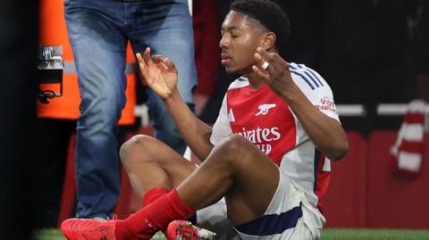 Arsenal teenager Myles Lewis-Skelly replicates Erling Haaland's meditation celebration after scoring against Manchester City at Emirates Stadium