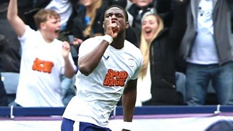 Preston North End winger Thierry Small holds a finger to his lips to silence the Charlton Athletic fans after scoring against them.