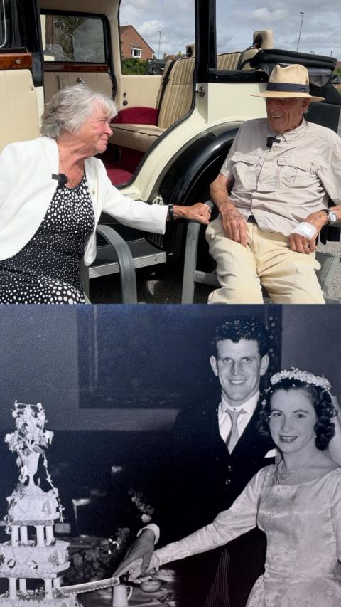 Top half is a woman and man holding hands. The bottom half is a wedding photo from 1956.