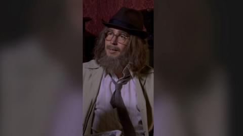 A man in costume - with a hat, glasses, long hair and a long beard. He wears a tie loosely.