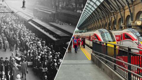 Split image of King's Cross Station in London in 1926 (left) and 2026 (right).