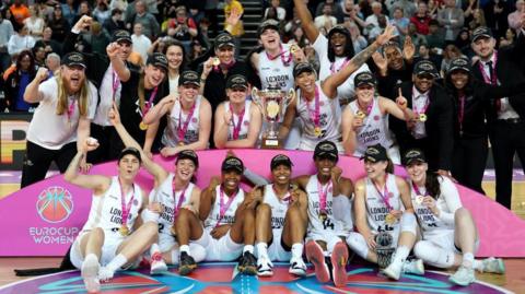 London Lions players celebrate with the EuroCup trophy