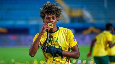 Tylon Smith with his medal after South Africa won the Under-20 Africa Cup of Nations. 