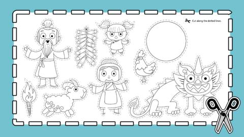 Line drawings of people in traditional costumes, dragon and other animals, to turn into shadow puppets.