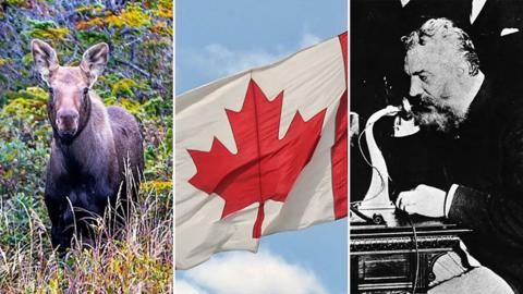 A split image of a moose, the Canadian flag and Alexander Graham Bell.